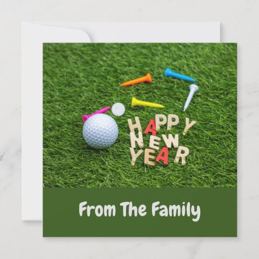 Golfball und Tee mit Happy New Year auf grün (Vorderseite)