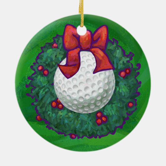 Golfball-WeihnachtsKranz auf Grün Keramik Ornament (Hinten)