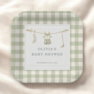 Golfclub Gingham Salbeigrün Baby Shower Party Pappteller