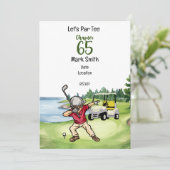 Golfer 65. Geburtstag Schlucken mit Golfwagen Einladung (Stehend Vorderseite)