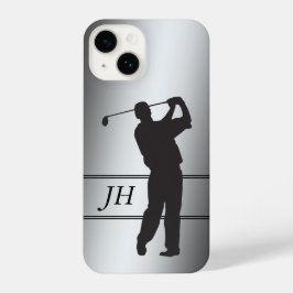 Golfer der schwarzen Silhouette auf Silver Monogra iPhone 14 Hülle