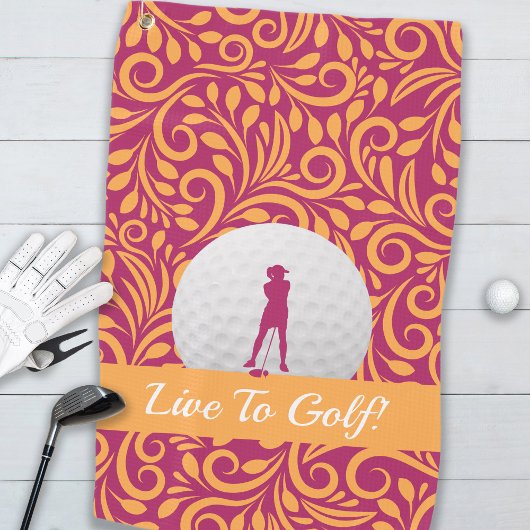 Golfer Feminine Lady Silhouette Pink Orange Girly Golfhandtuch