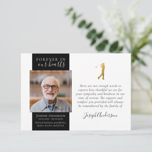 Golfer Foto Beileid Beerdigung Dankeskarte (Stehend Vorderseite)