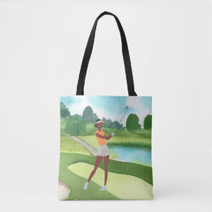 Golfer Frau Golfen auf grünem Gras blauer Himmel Tasche