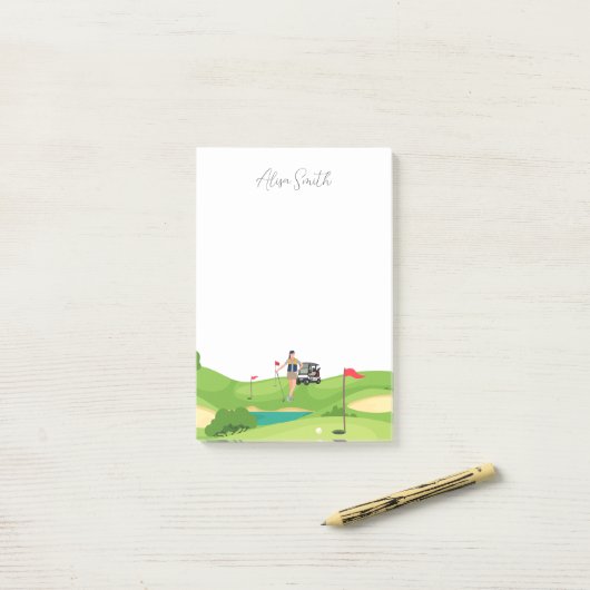 Golfer Frau ist auf dem Golfplatz auf grünem Gras Post-it Klebezettel (Auf Schreibtisch)