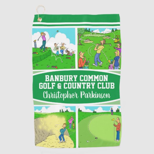 Golfer & Golf Club Name mit 4 Cartoon Golfhandtuch (Vorderseite)
