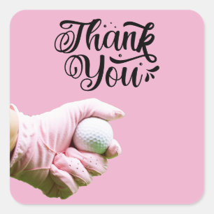 Golfer hält Golfball auf rosa, danke Ihnen Quadratischer Aufkleber