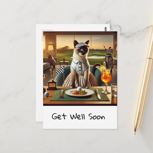 Golfer im Klubhaus mit Golf im Teller Postkarte (Vorderseite/Rückseite Beispiel)