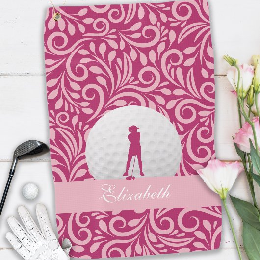 Golfer Lady Silhouette Pink Girly Individuelle Nam Golfhandtuch