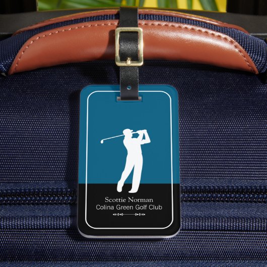Golfer Mann mit Golfschläger Elegant Blau Gepäckanhänger (Vorderseite Insitu 2)