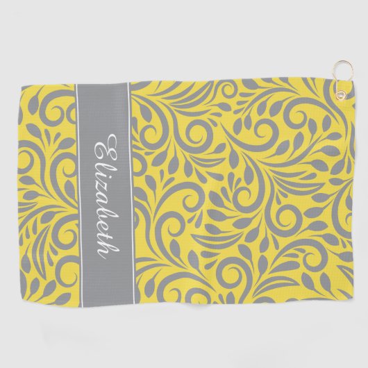 Golfer | Mit Monogramm Abstraktes Blumengelb Grau Golfhandtuch (Horizontal)