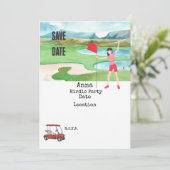 Golfer mit rotem Golfwagen am grünen rett Einladung (Stehend Vorderseite)