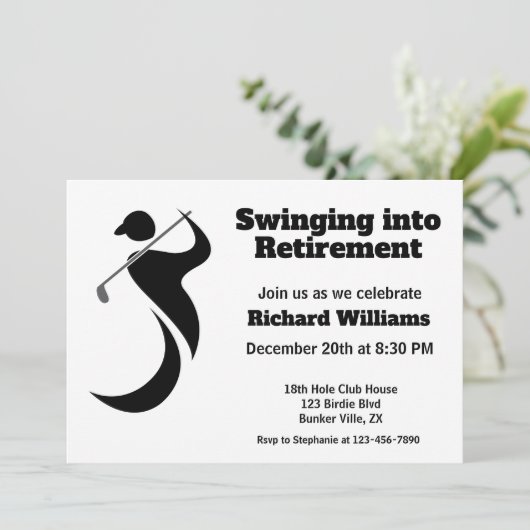 Golfer mit Ruhestand, moderner Schwung Einladung (Stehend Vorderseite)
