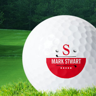 Golfer Modern Red White Monogram Golf Balls Golfball