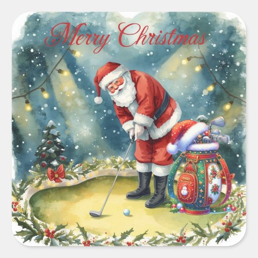 Golfer Santa Claus Golf Frohe Weihnachten Quadratischer Aufkleber (Vorderseite)