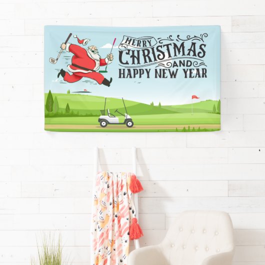 Golfer Santa Claus Golfen am Kurs Weihnachten Banner (Insitu)