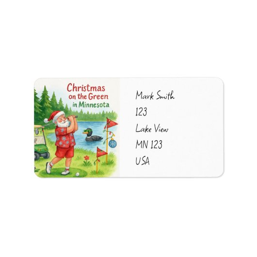 Golfer Santa Claus Golfing in Minnesota Lake view Adressaufkleber (Vorne)