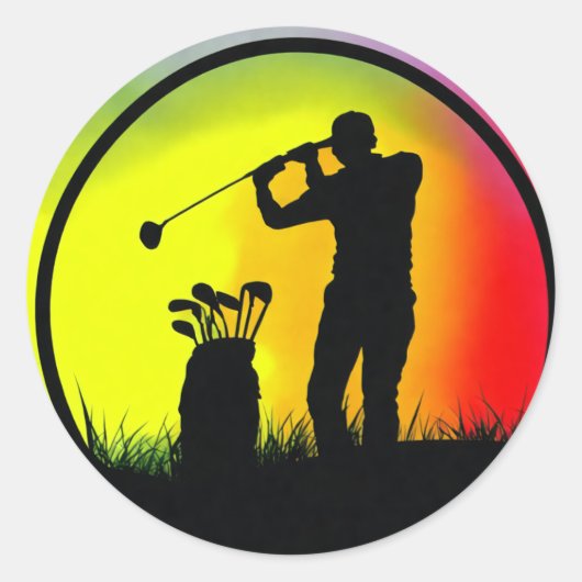 Golfer Silhouette Golf bei Sonnenuntergang Runder Aufkleber (Vorderseite)