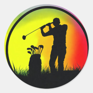 Golfer Silhouette Golf bei Sonnenuntergang Runder Aufkleber
