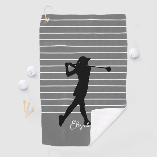Golfer Silhouette Mit Monogramm Name Schwarz Grau Golfhandtuch (Insitu)