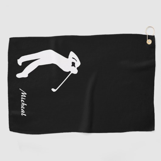 Golfer-Silhouette Schwarz-weiß Monogramm Golfhandtuch (Horizontal)