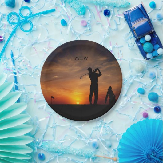 Golfer Sunset benutzerdefinierte Monogramm-Teller Pappteller (Party)