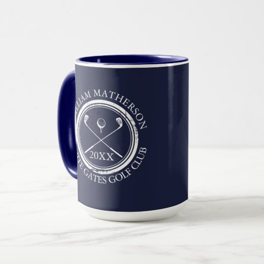 Golfer und Clubname Datum Navy Blue Tasse (Vorderseite Links)