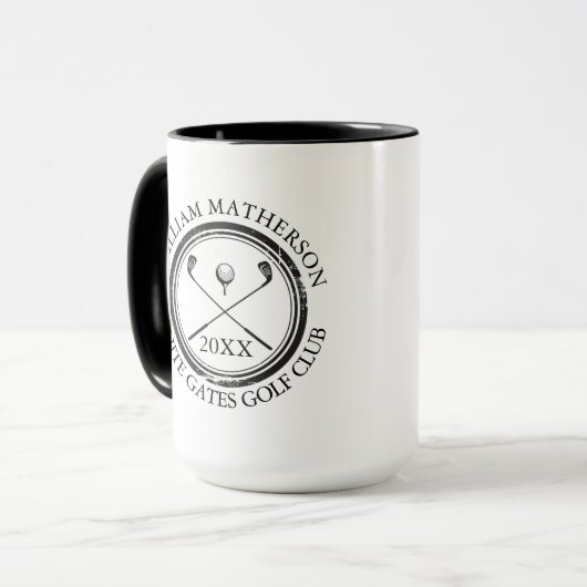 Golfer und Clubname, Datum Schwarz und Weiß Golf Tasse (Vorderseite Links)