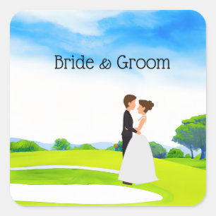 Golfer Wedding Brie and Groom auf Golfplatz Quadratischer Aufkleber