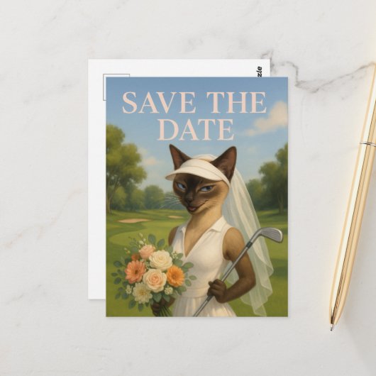 Golferin Frau Save the Date Braut Junggesellinnena Postkarte (Vorderseite/Rückseite Beispiel)