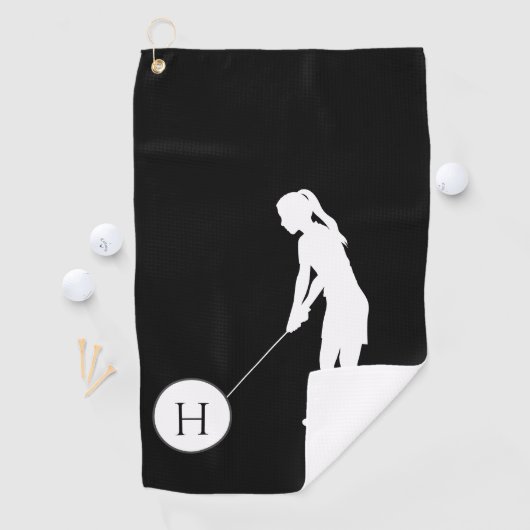 Golferinnen Schwarz und Weiße Silhouette Golferinn Golfhandtuch (Insitu)