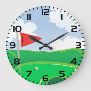 Golfgrün mit roter Flagge und Ball Große Wanduhr