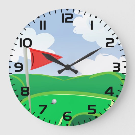 Golfgrün mit roter Flagge und Ball Große Wanduhr (Vorderseite)