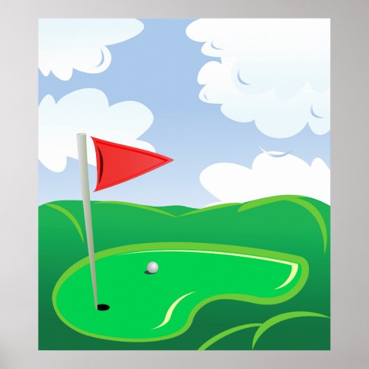 Golfgrün mit roter Flagge und Ball Poster (Vorne)