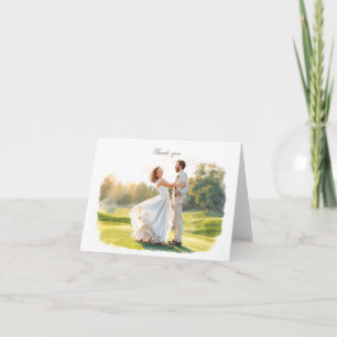 Golfhochzeit mit Braut und Bräutigam mit Text Dankeskarte