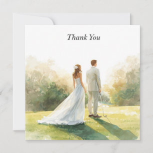 Golfhochzeit mit Braut und Bräutigam mit Text Dankeskarte
