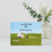 Golfhochzeit mit Braut und Bräutigam Save the Date Postkarte (Stehend Vorderseite)