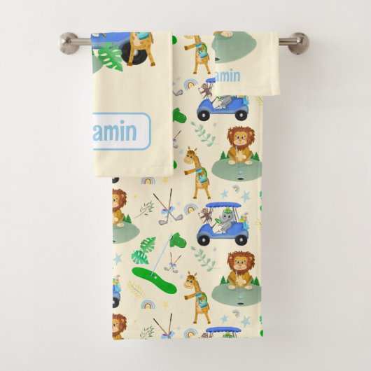 Golfing Jungle Animals Baby Personalize Badhandtuch Set (Insitu)