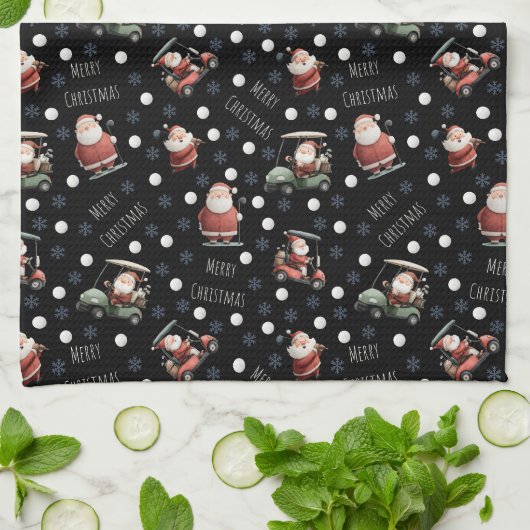Golfing Santa on Black Geschirrtuch (Gefaltet)