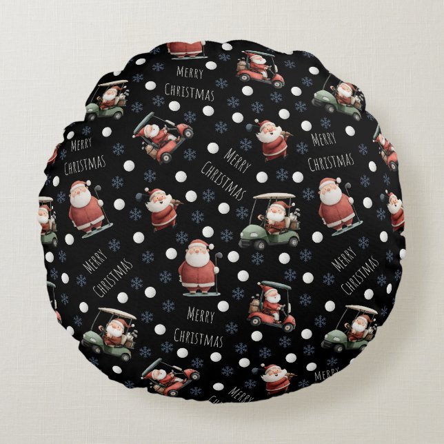 Golfing Santa on Black Rundes Kissen (Vorderseite)