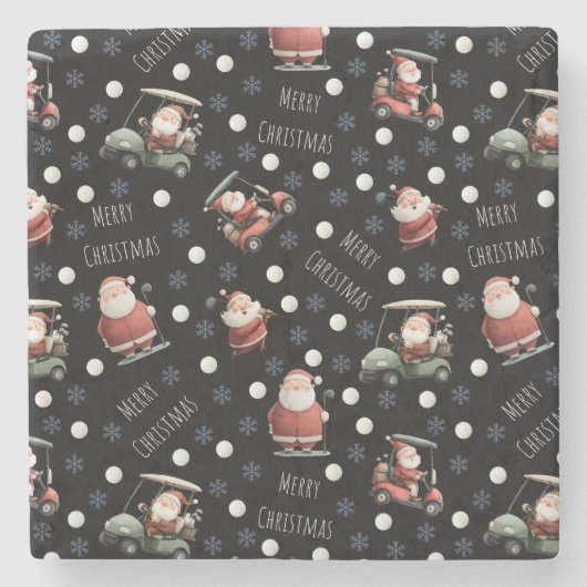 Golfing Santa on Black Steinuntersetzer (Vorderseite)