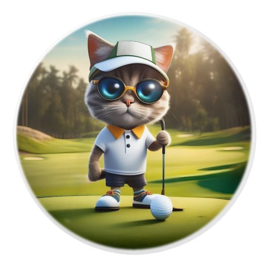 Golfkatzen, die zum Golfspielen bereit sind, Keramikknauf (Vorderseite)