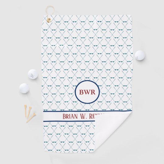 Golfklubs mit Spielername auf weißer, sauberer Bas Golfhandtuch (Insitu)