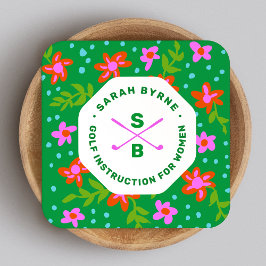 Golflehrerin Golf Pro Floral Monogram Sq Quadratische Visitenkarte