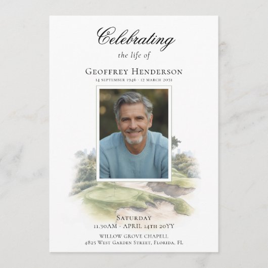 Golfplatz-Gedenkfeier des Lebens Programm (Vorderseite)