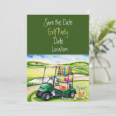 Golfplatz mit Geburtstagsparty Dekoration Einladung (Stehend Vorderseite)