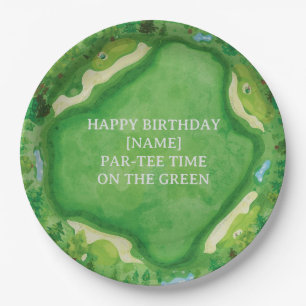 Golfplatz-Party-Design mit individuellem Namen und Pappteller