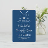 Golfschläger Blaues Monogramm Hochzeit Save the Da Date (Stehend Vorderseite)