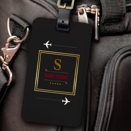 Golfschläger, Name & Initial auf schwarz mit Monog Gepäckanhänger