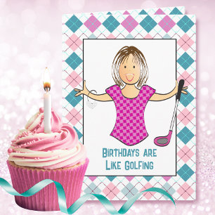 Golfspielende Cartoon-Frau Lustiger Geburtstagsspr Karte